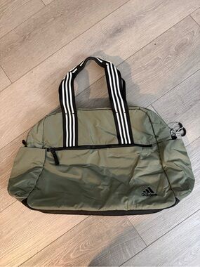 adidas Olive Green Duffel with Black & White Striped Handles